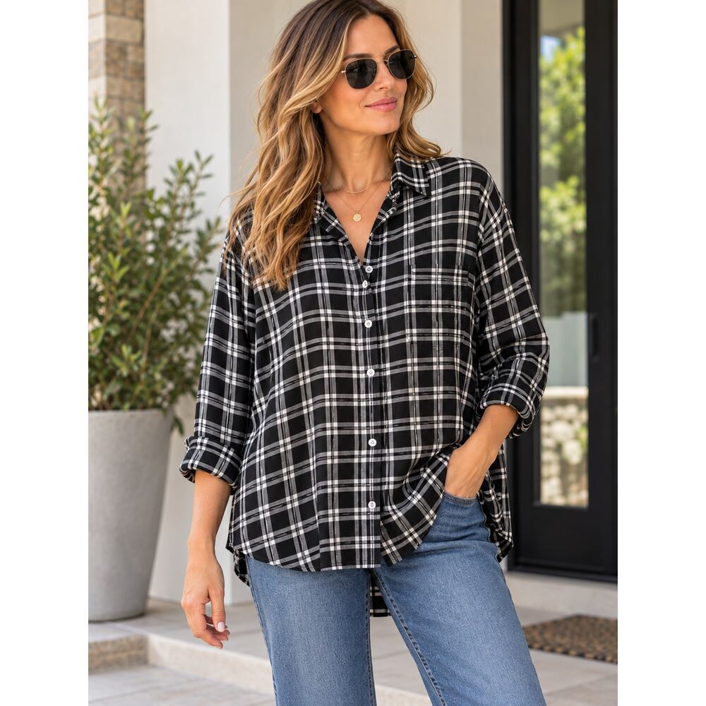 Frank & Eileen Eileen Shirt M Black White Plaid Italian Modal Button Down